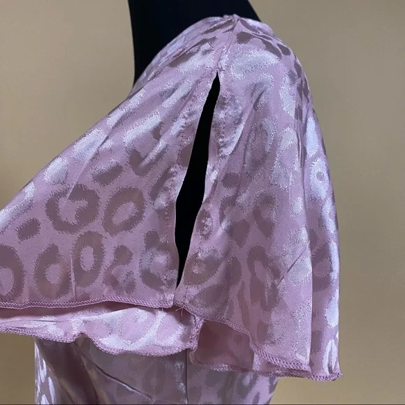 Simplee Dusty Pink Leopard Asymmetrical Ruffle Hem Wrap Belted Satin Dress Sz L - Picture 9 of 14
